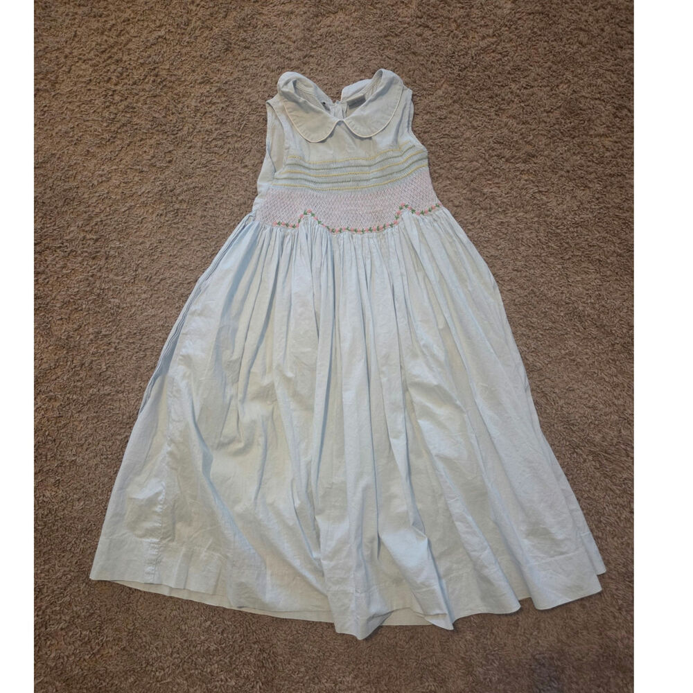 sweet dreams hand smocked sleeveless long dress blue collared floral girls 6